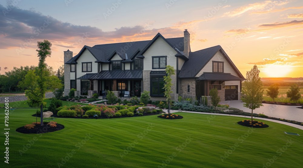 an awesome house with a green grass lawn and beautiful garden - obrazy, fototapety, plakaty 