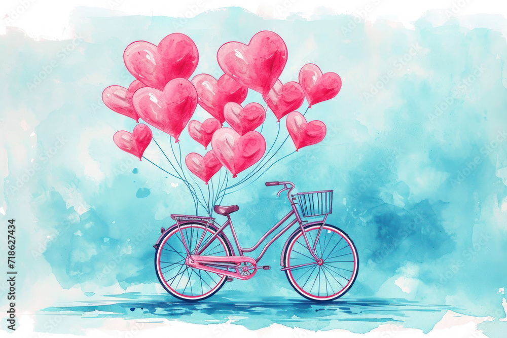 Greeting card with bicycle with pink balloons