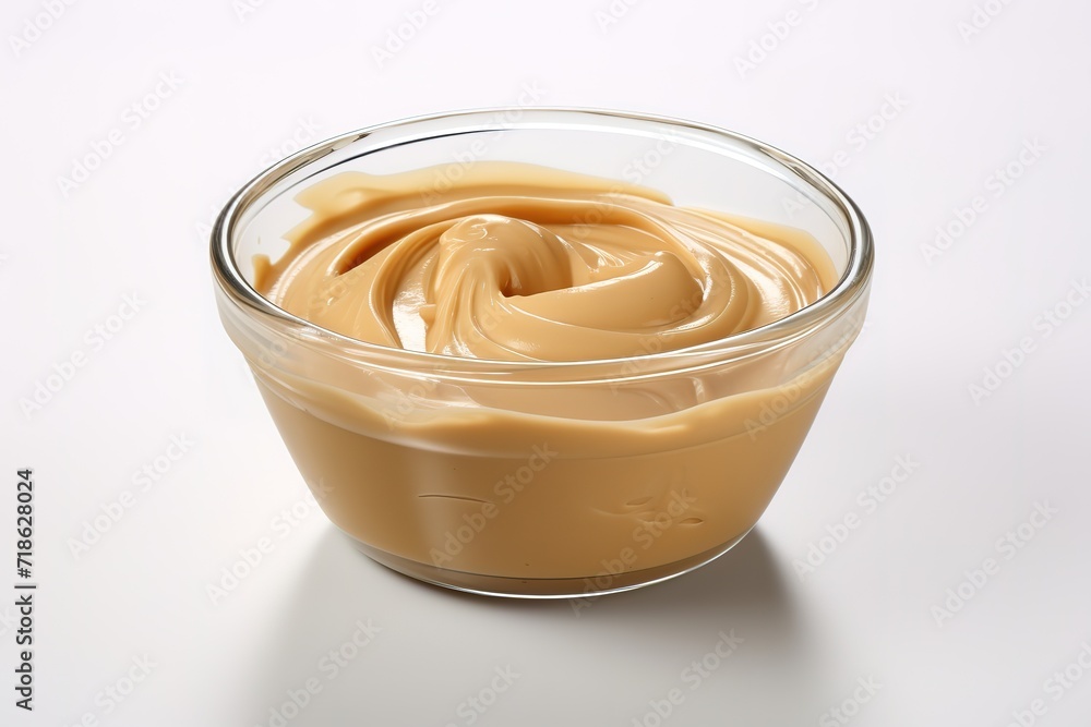 Peanut butter in a clear bowl on a white background.. generative AI Peanut butter in a clear bowl on a white background.. generative AI