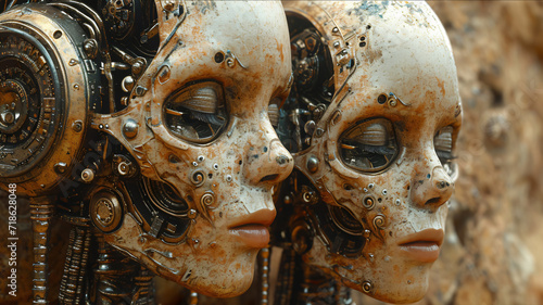 surreal metallic cyborg heads photo