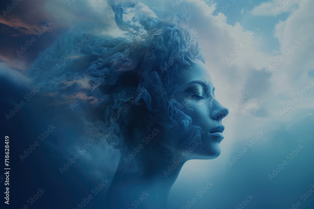 Conceptual image of a woman’s face is dissolving in to a cloudy sky