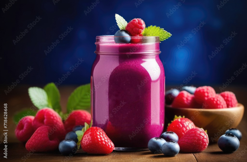 Summer berry smoothie in a glass jar on a wooden table. Summer berry smoothie in a glass jar on a wooden table.