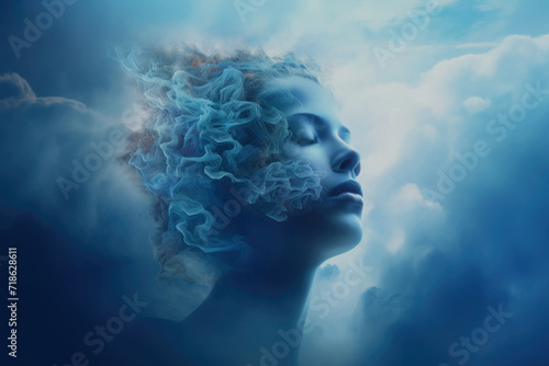 Conceptual image of a woman’s face is dissolving in to a cloudy sky