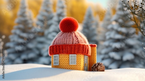 A whimsical knitted house with a red hat roof, nestled in a serene snowy landscape.