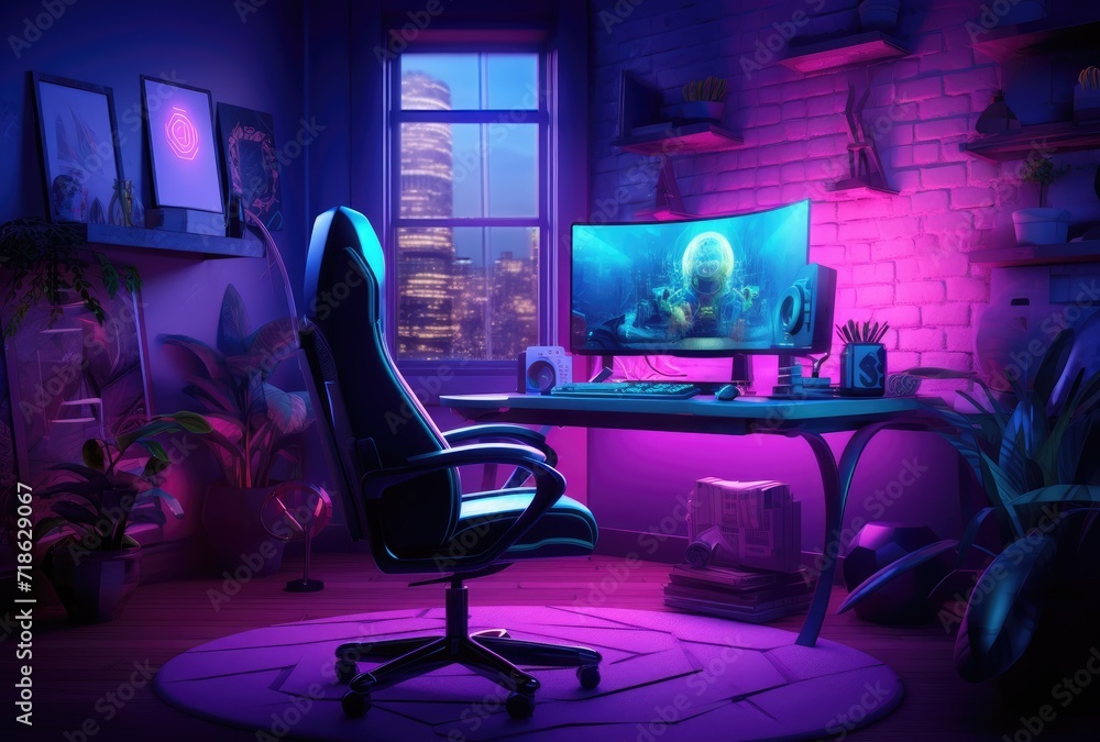 The sleek design of a gamer's ergonomic chair accentuated by vibrant neon lighting. The sleek design of a gamer's ergonomic chair accentuated by vibrant neon lighting.