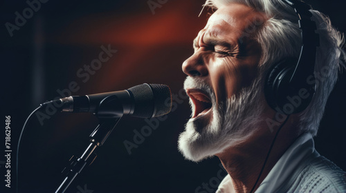 Silver-haired singer commanding the mic,  a voice forged by years photo