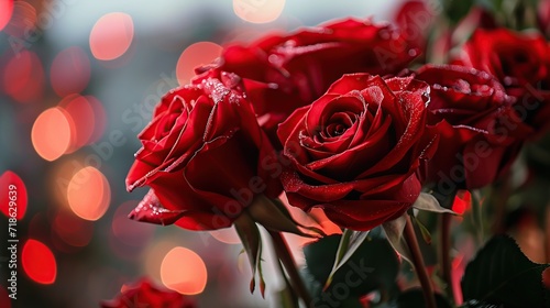 Beautiful red roses on bokeh background. Valentine s Day