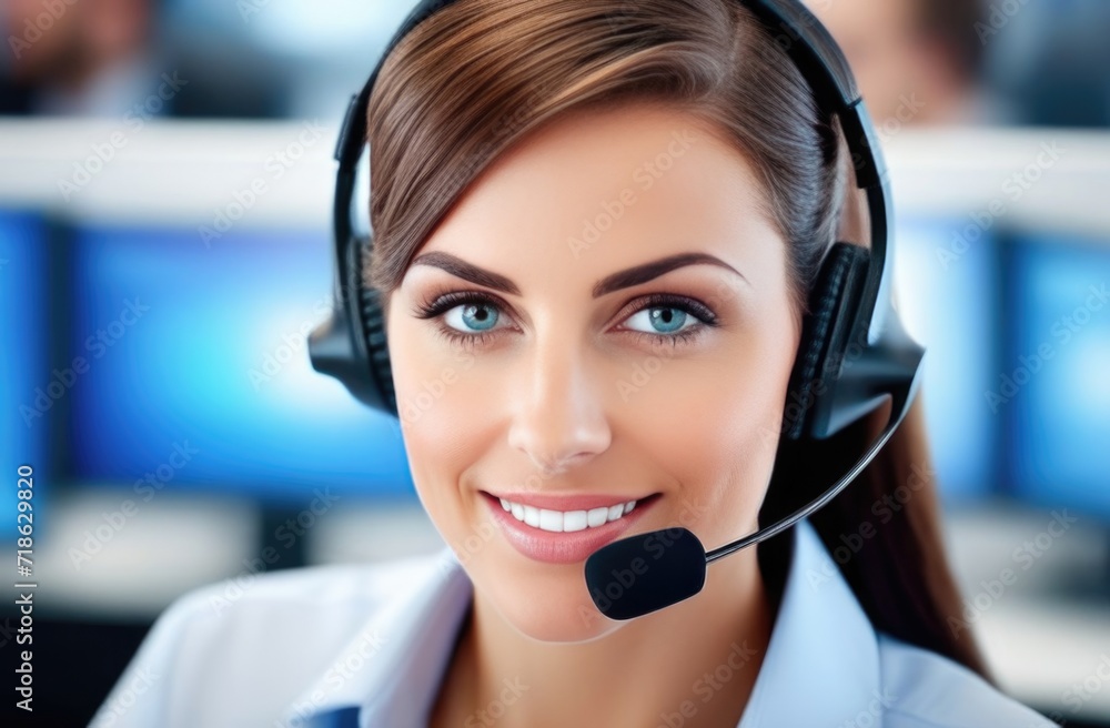 Call center consultant with headset close-up Call center consultant with headset close-up