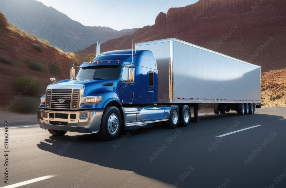 Truck with container on highway, cargo transportation concept