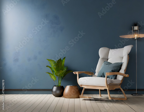 The interior has a armchair on empty dark blue wall background 3D rendering. Generative AI.