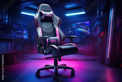 An ergonomic gamer chair illuminated by neon lights in a futuristic and immersive gaming room. photo