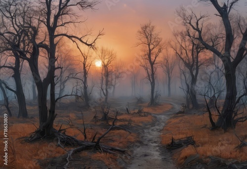 Scorched earth with dirt walking track, path through burnt landscape after bushfire, forest fire © Алексей Ковалев