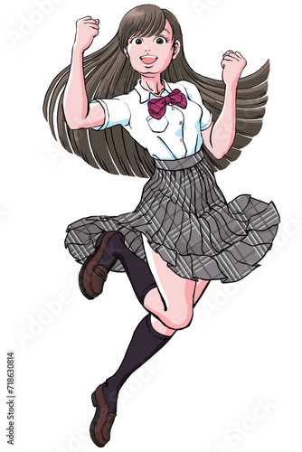 ジャンプしながら両手でガッツポーズ決める女子高生_夏服