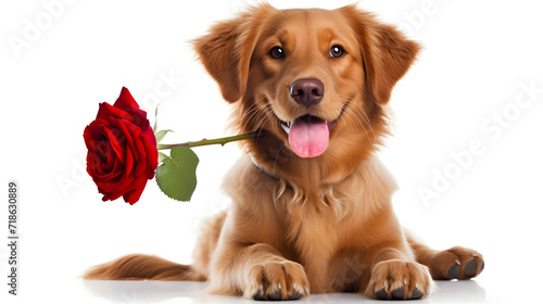 Cute portrait dog sitting and looking at camera with red rose in its mouth isolated on a white,,
St. Valentine's Day concept. Funny portrait cute puppy dog border collie holding red rose flower in mou photo