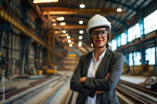 A smiling 40-year-old female boss in formal clothes at a modern factory, warehouse, distribution center or logistical facility