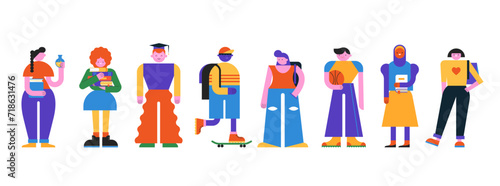 Collection of Education  Students  Teenagers geometric characters  illustrations. Education  learning  online school concept design