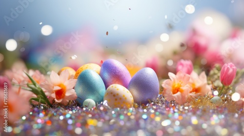 Easter eggs among spring flowers and glittering lights, symbolizing festive joy.