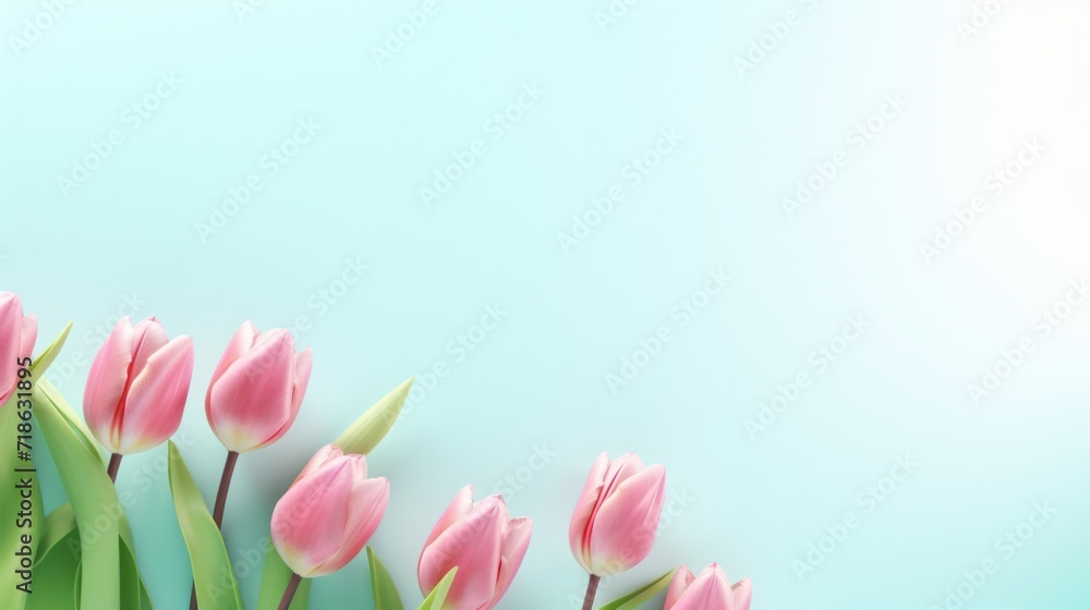 A cluster of pink tulips with fresh green stems set against a calming light blue backdrop. A cluster of pink tulips with fresh green stems set against a calming light blue backdrop.
