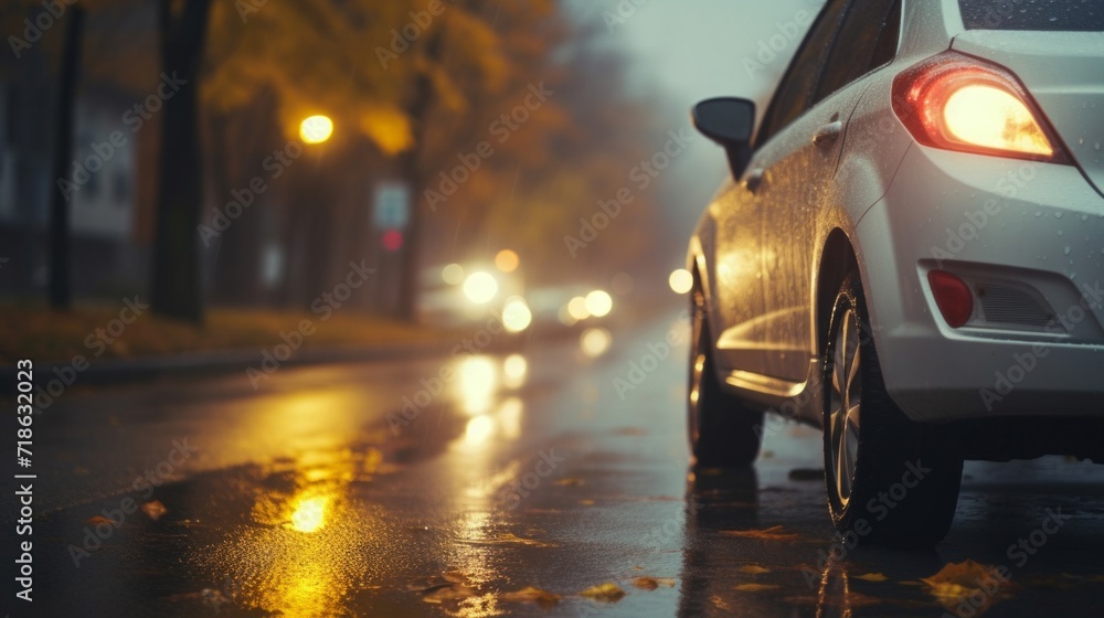 A quiet rainy evening on a residential street with the warm glow of car lights and streetlamps. A quiet rainy evening on a residential street with the warm glow of car lights and streetlamps.
