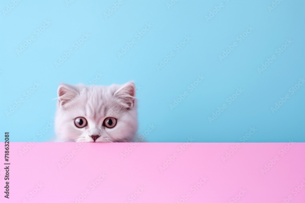 A curious white cat peeking over a pink and blue split background. A curious white cat peeking over a pink and blue split background.