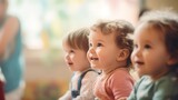 Three joyful toddlers attentively listening in a brightly colored preschool classroom setting.