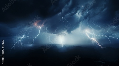 A powerful thunderstorm with dramatic lightning strikes illuminating the dark skies over the ocean.