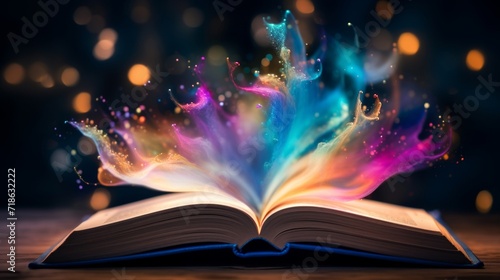 Open book on wooden table bursting with colorful magical particles, symbolizing imagination.