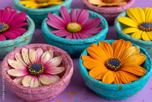 Blossoming colourful flowers in Colorful Bowls