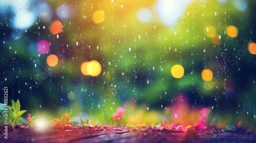 A serene forest path with fresh raindrops falling, illuminated by a warm, soft-focus bokeh light.