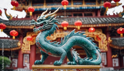 Green dragon statue in front of a traditional Asian architectural structure adorned with red lanterns.  © Jairo