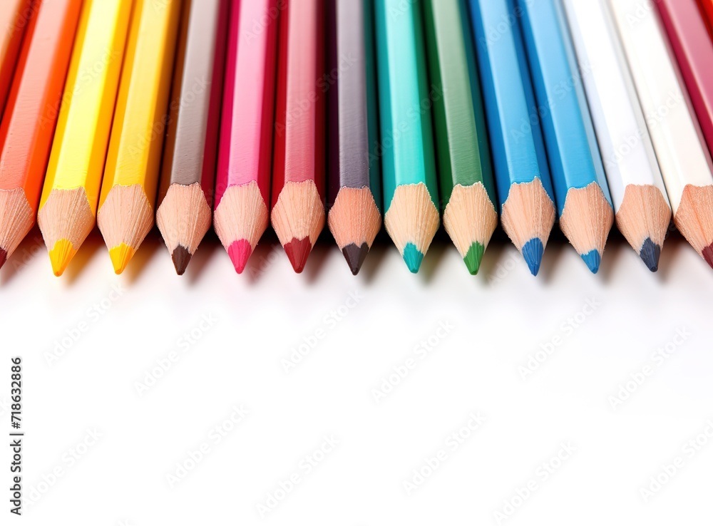 Row of colored pencils in the photo over a white background. generative AI Row of colored pencils in the photo over a white background. generative AI