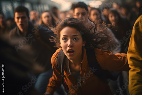 Scared worried panic girl running in a crowd of people and chasing the leaving train in station