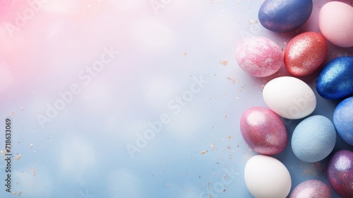 A festive collection of glittering Easter eggs in pastel shades on a blue background.