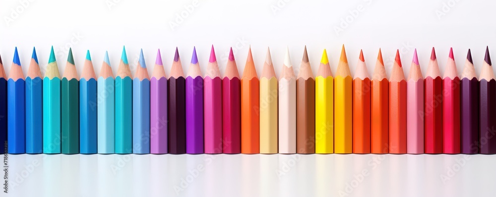 Obraz premium Row of colored pencils in the photo over a white background. generative AI