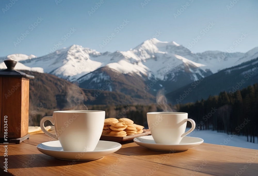Coffee cup on wood table and view of beautiful nature background. Coffee cup on wood table and view of beautiful nature background.