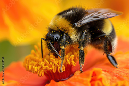 A bumblebee in the act of gathering nectar from a vibrant flower