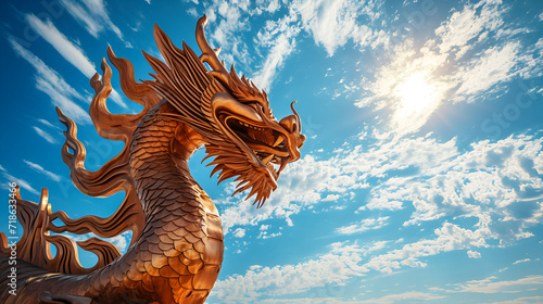 A wooden dragon statue shining in the sun, a symbol of the Chinese New Year, against a background of blue sky and white clouds. Happy holiday concept. Copy space. Banner, generative ai