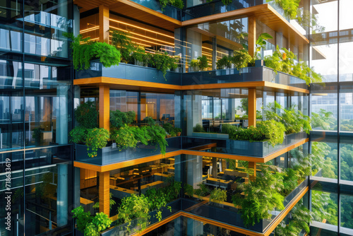 Modern environmentally friendly building. Sustainable glass office with wood and many plants to reduce carbon © Kien