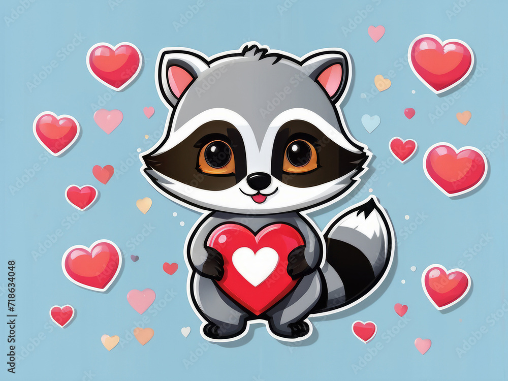 Stickers of a cute raccoon with hearts in cartoon style 
