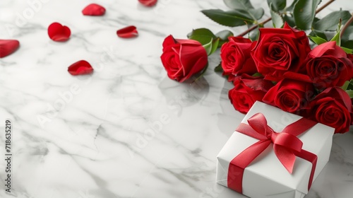Elegant Red Roses with Gift Box Ribbon Bow with White Marble Background for Valentine Day Product Mockup © Krittikarn