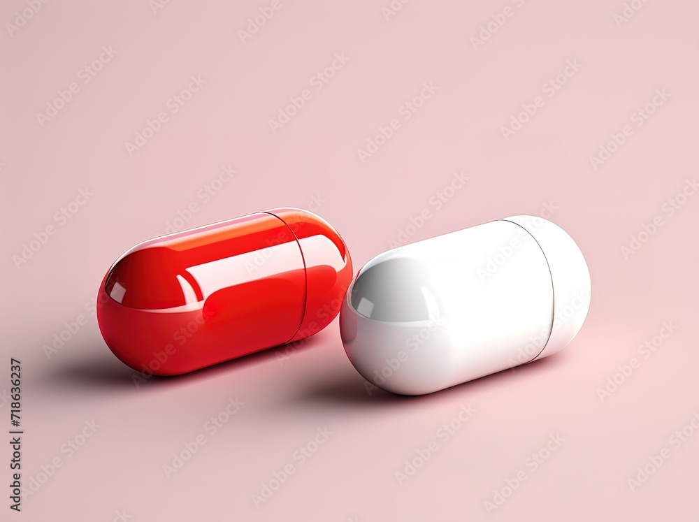 White and red pills in the photo on a pink background. generative AI White and red pills in the photo on a pink background. generative AI