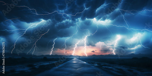 Captivating Thunder and Lightning Illuminating the Night Sky with Dramatic Energy, Electrifying Thunder and Lightning Effects in a Blue Sky