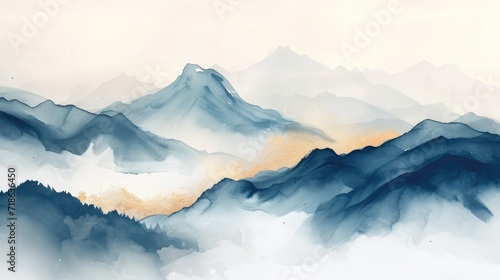 Minimal mountain landscape watercolor with brush and golden line art texture