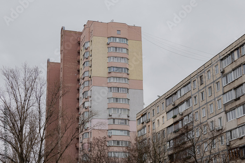 Kyiv, Ukraine - January 20, 2024: cozy sleeping district of Borshchagivka. school, cinema, houses nearby. new buildings and shopping centers are being built where people can buy everything they need
