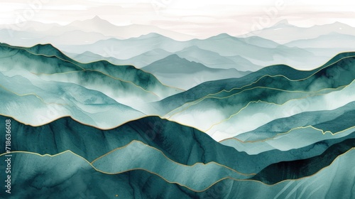 Minimal mountain landscape watercolor with brush and golden line art texture