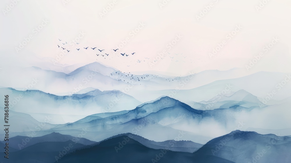 watercolor painting of Misty mountains with gentle slopes and flock of birds in sunrise sky - obrazy, fototapety, plakaty 