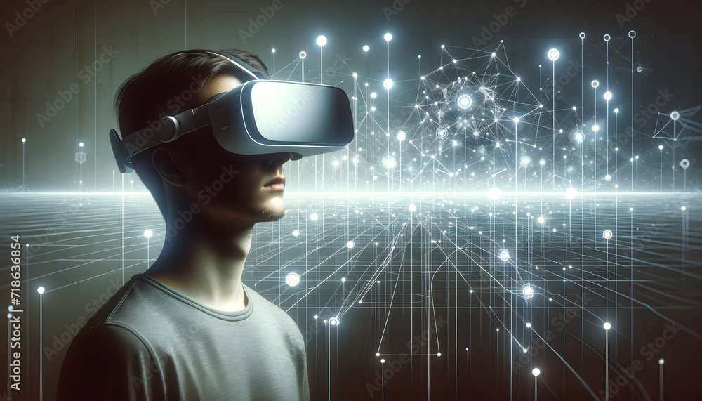 Man wearing virtual reality glasses. VR headset for playing and metaverse. Particles, dots, lines. Man wearing virtual reality glasses. VR headset for playing and metaverse. Particles, dots, lines.