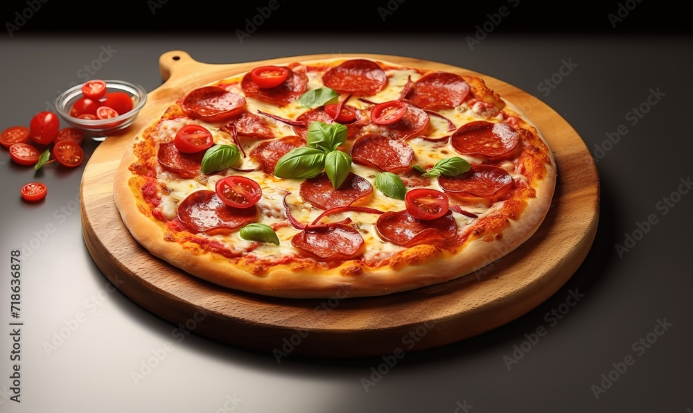 pizza with salami, cheese, and tomatoes on wooden background. generative AI