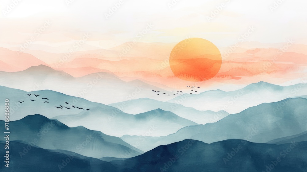 watercolor painting of Misty mountains with gentle slopes and flock of birds in sunrise sky watercolor painting of Misty mountains with gentle slopes and flock of birds in sunrise sky