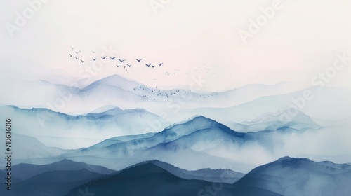 watercolor painting of Misty mountains with gentle slopes and flock of birds in sunrise sky photo